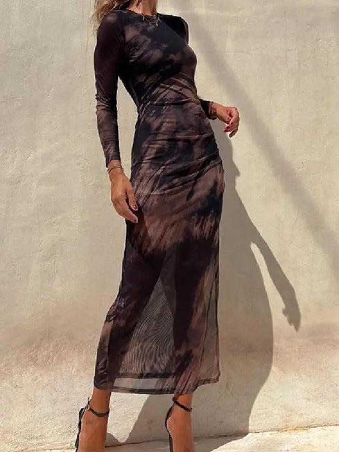 Tie Dye Mesh Ruched Split Maxi Dress