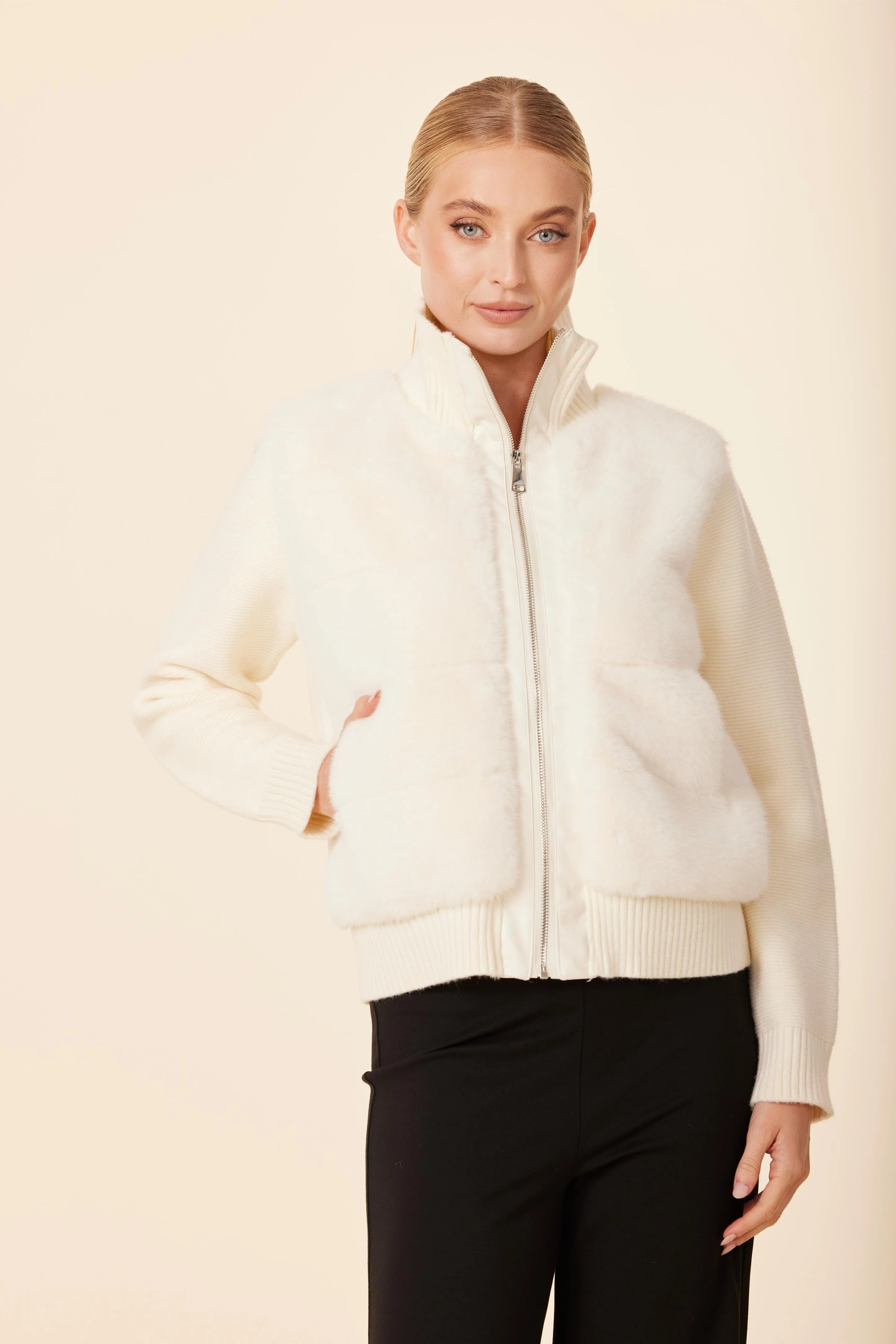 Faux Fur Vegan Leather Trim Quilted Back Jacket