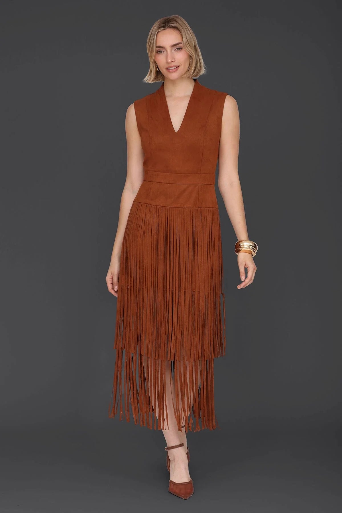 Faux Suede Fringe Midi Dress