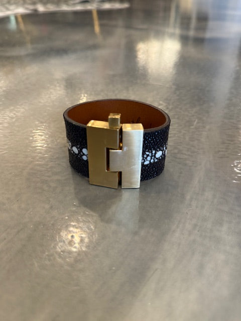 Wide Leather exotics skin Jigsaw Cuff