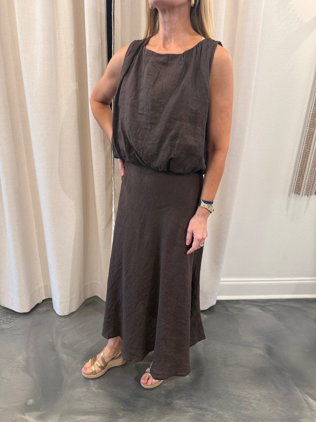 Linen Bubble Top/Linen Midi Skirt Set