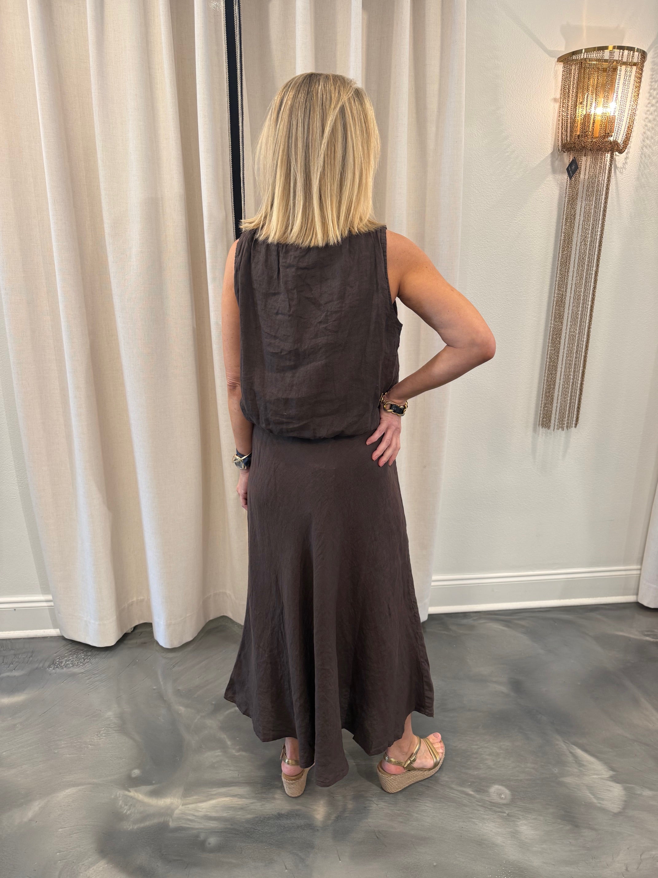 Linen Bubble Top/Linen Midi Skirt Set