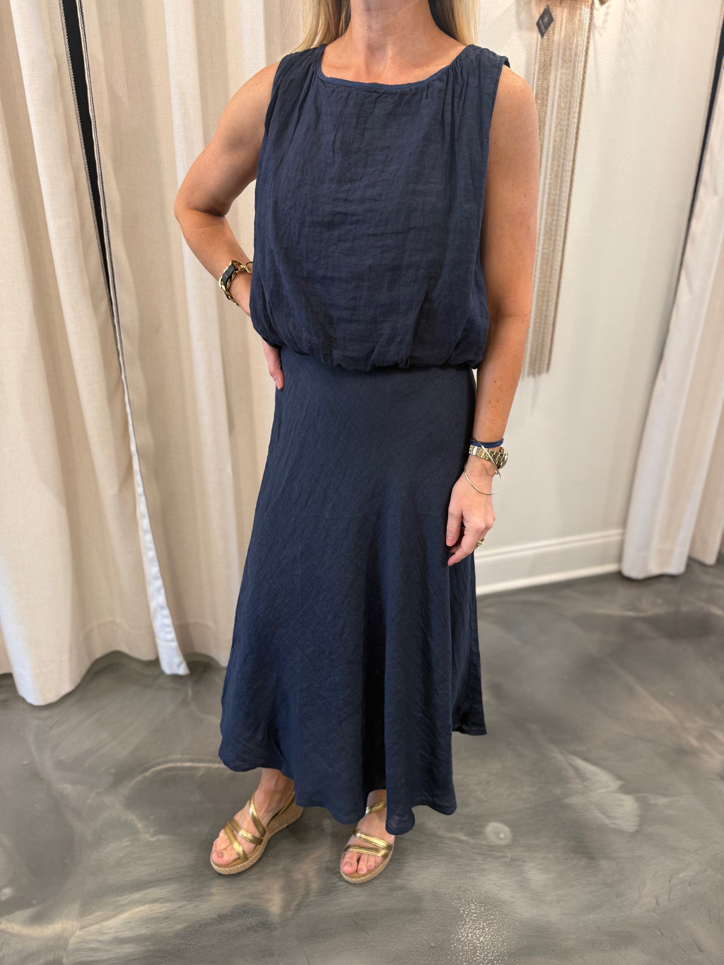 Linen Bubble Top/Linen Midi Skirt Set