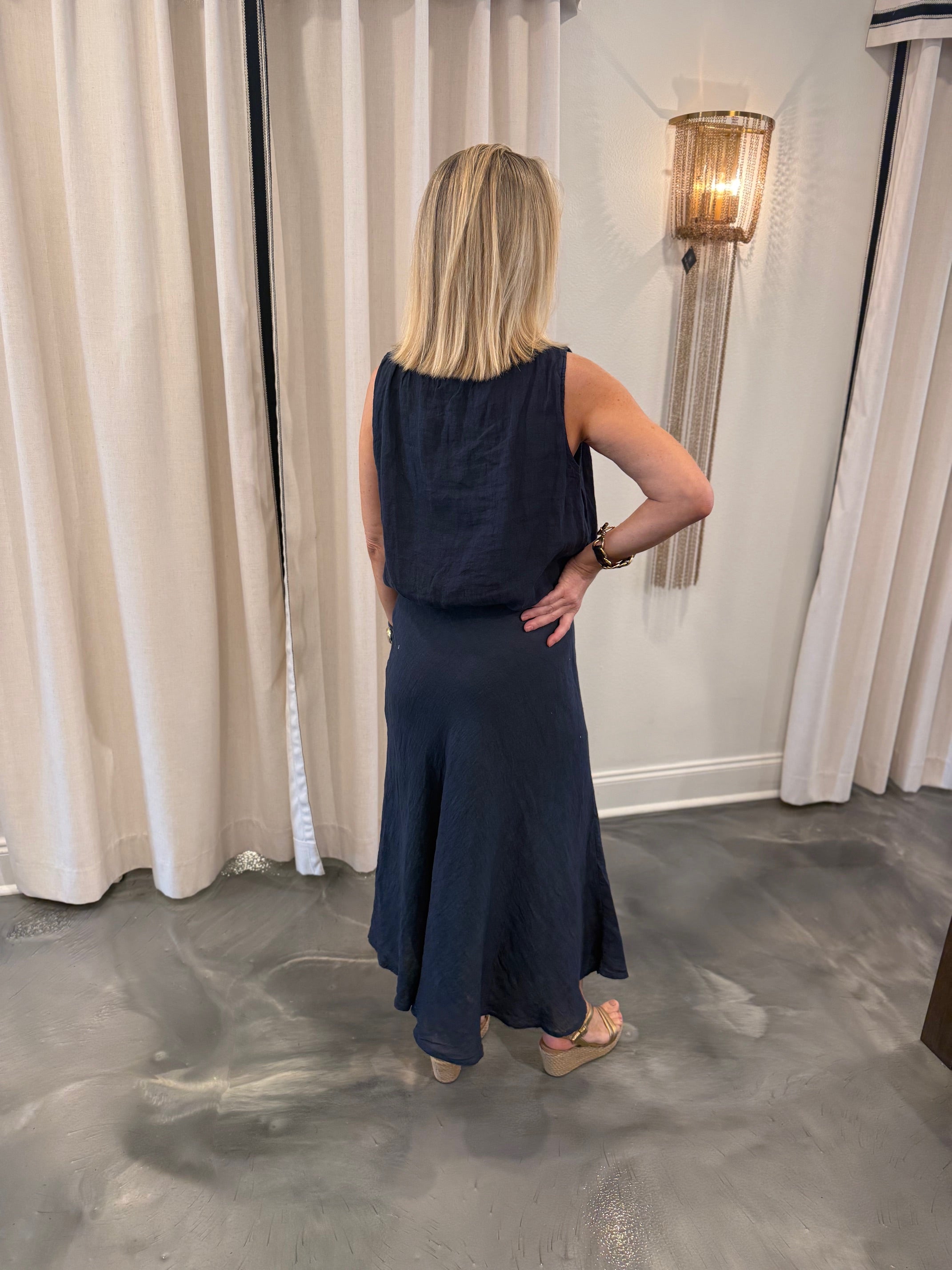 Linen Bubble Top/Linen Midi Skirt Set