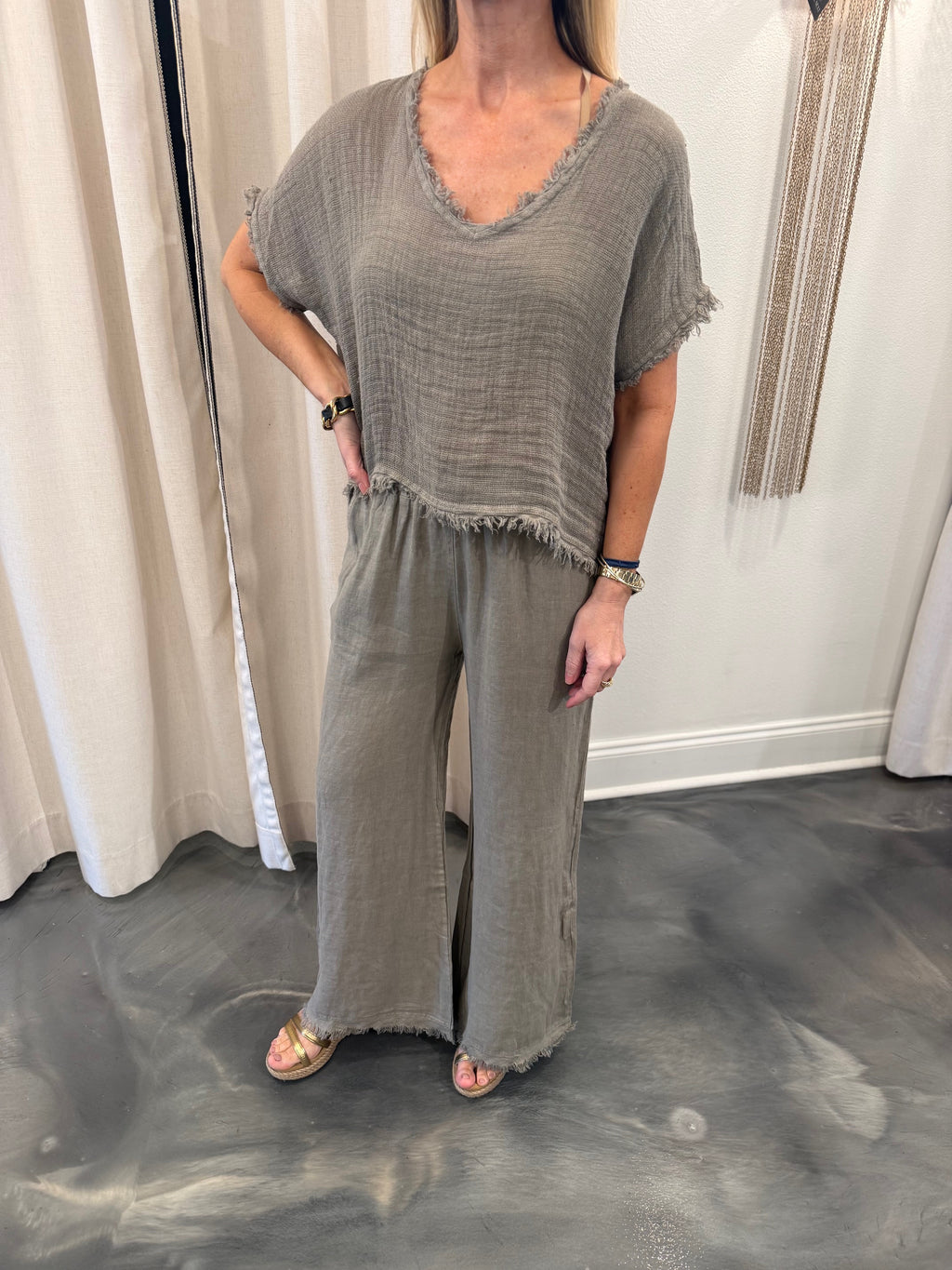 Open Knit Top with Fringe/Linen pants with Fringe Set