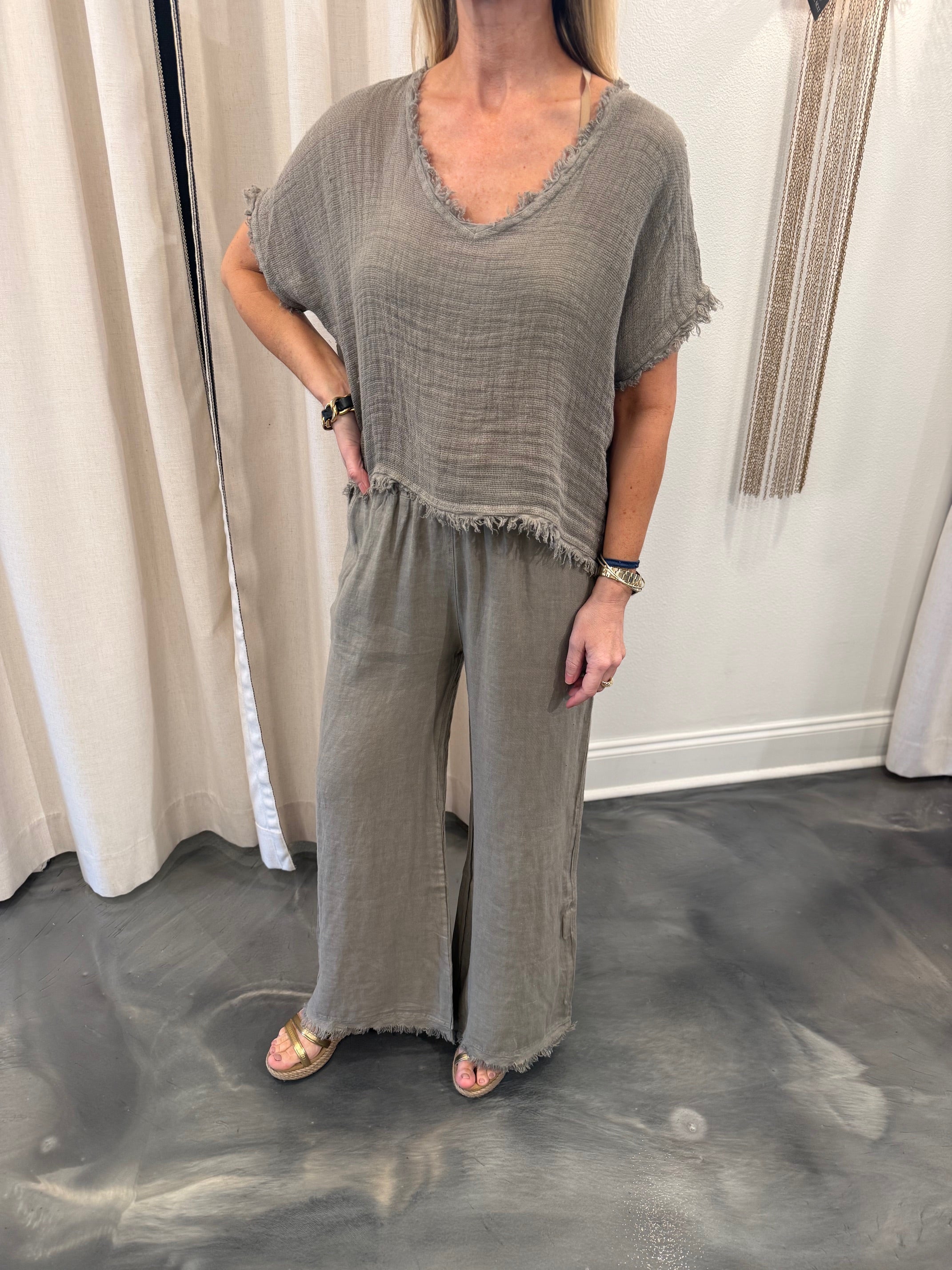 Open Knit Top with Fringe/Linen pants with Fringe Set