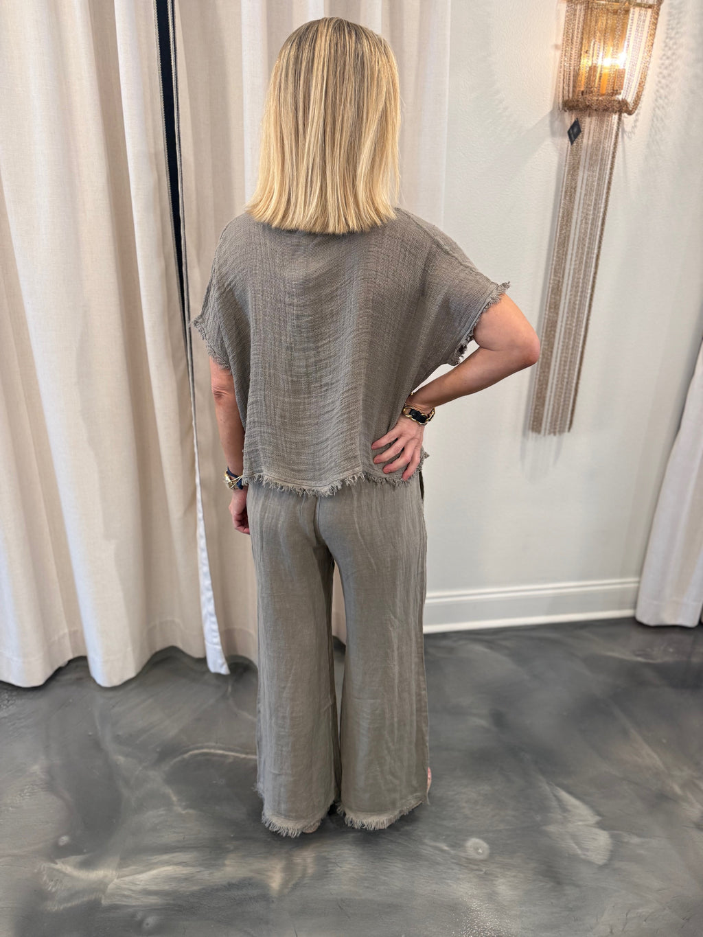 Open Knit Top with Fringe/Linen pants with Fringe Set