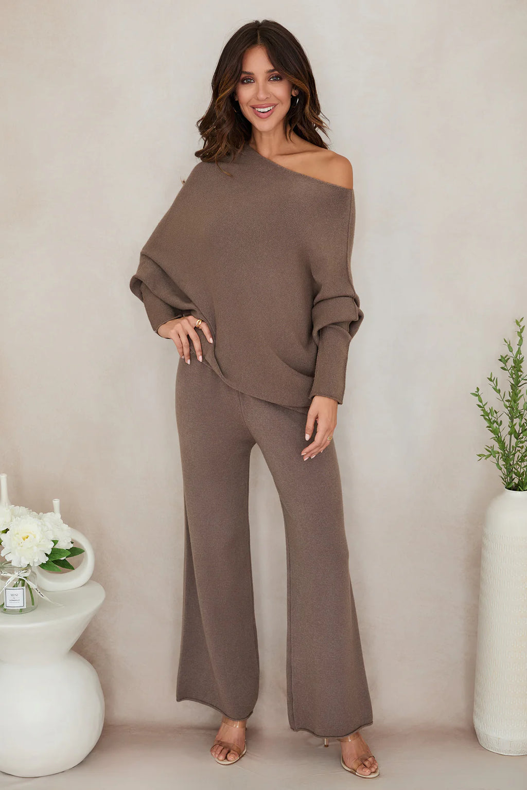 Asymmetrical Sweater - Knit Flared Pant Set