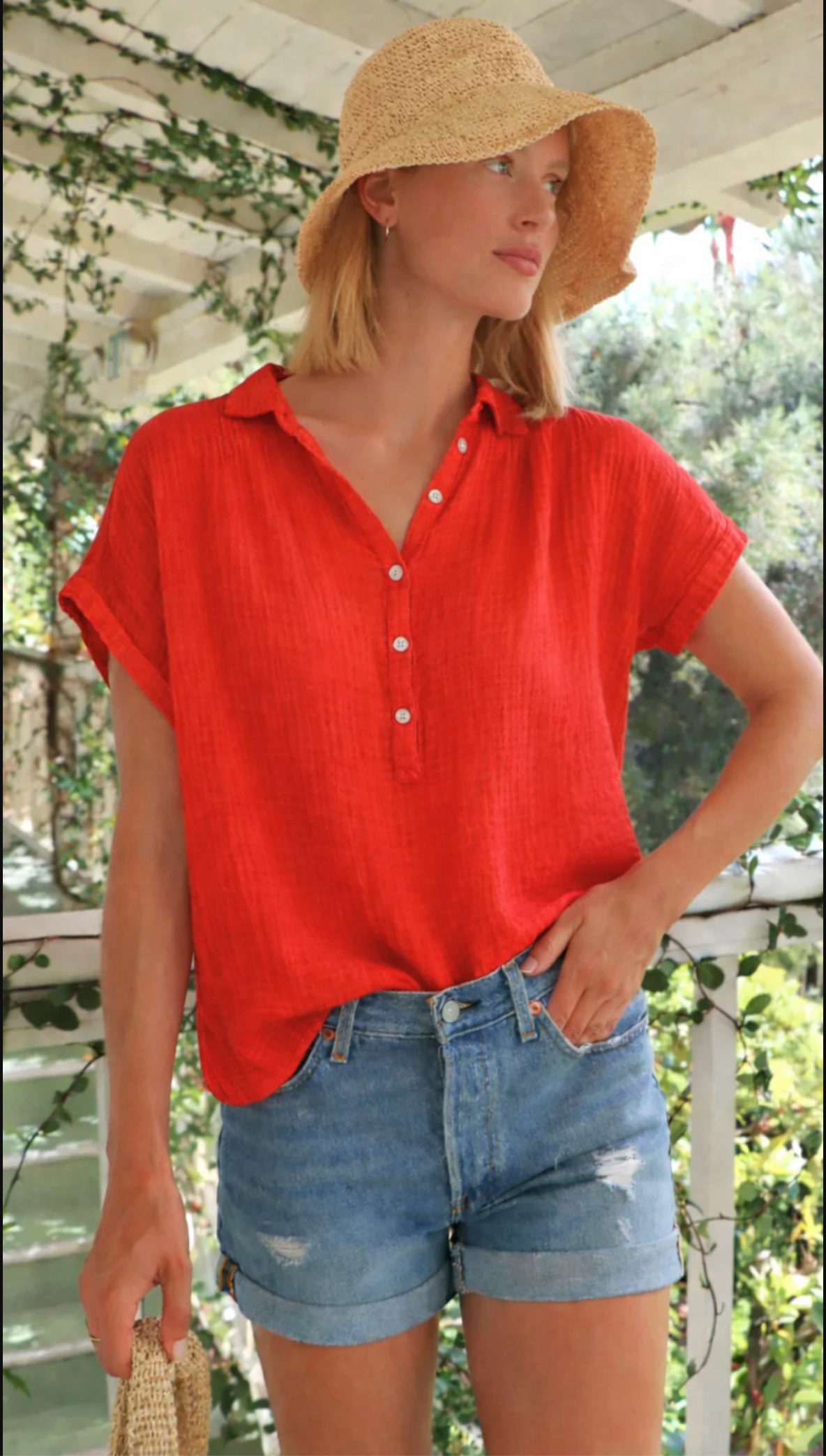 Short Sleeve Henley Top Gauze