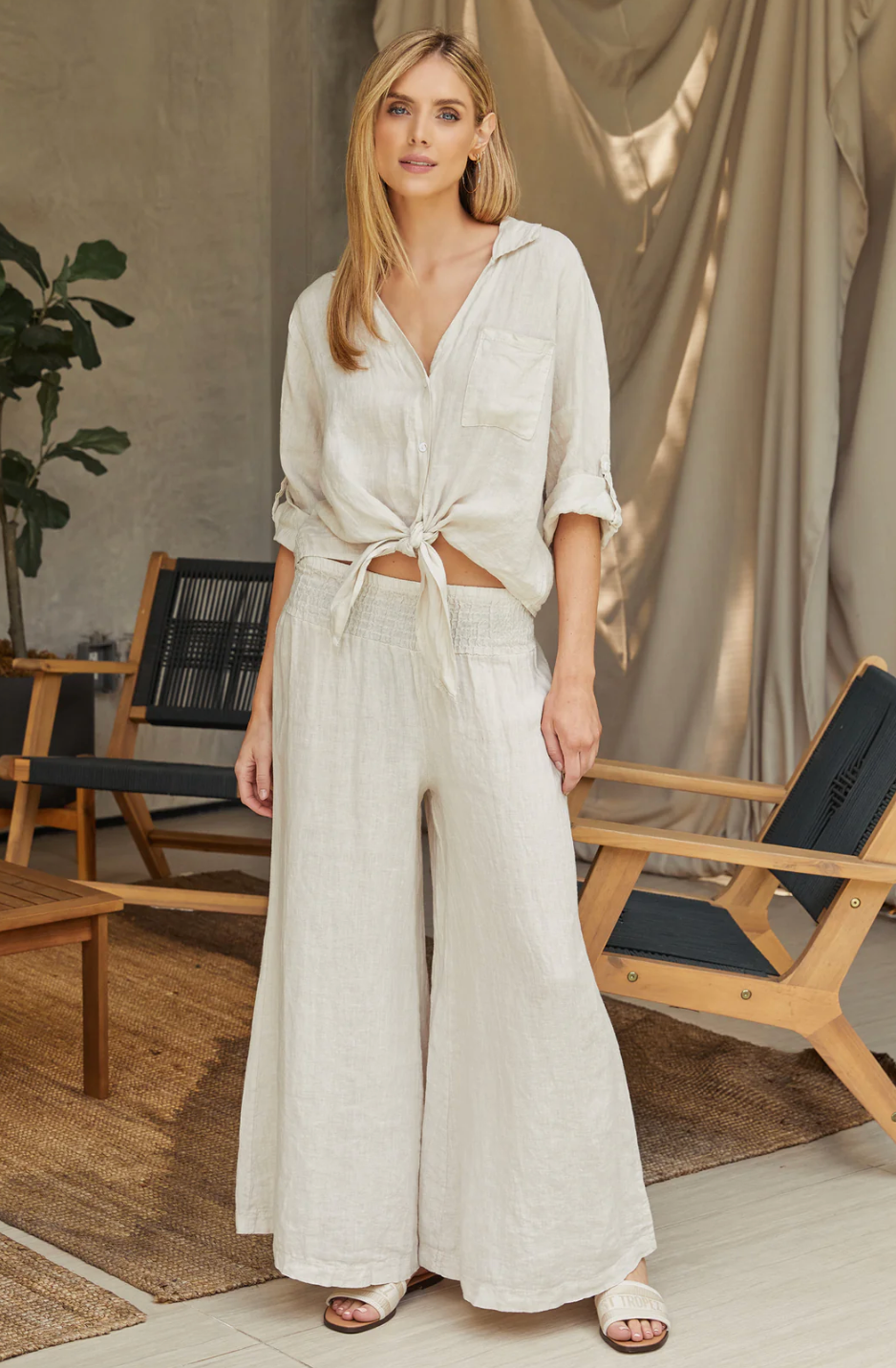 Linen Tie Front Top/Linen Palazzo Pant Set