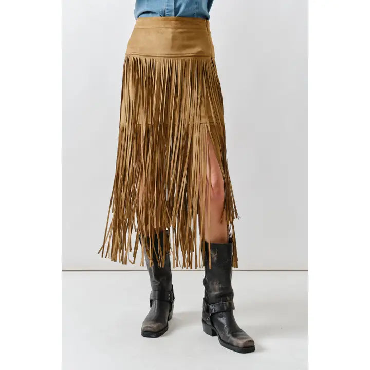Suede Fringe Midi Skirt
